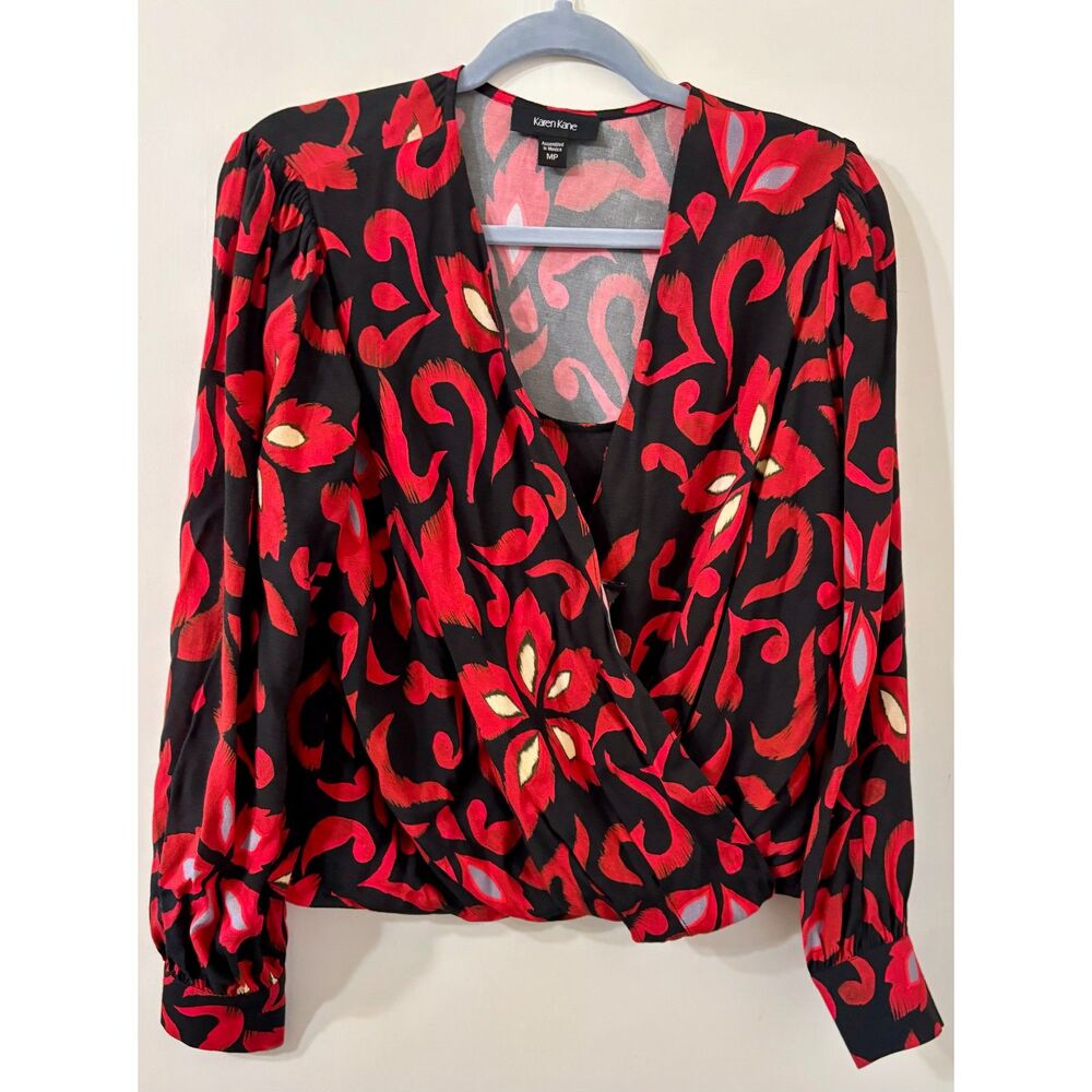 Karen Kane Drape Front Black Floral Faux Layered Stitched Shell Long Slv Top MP